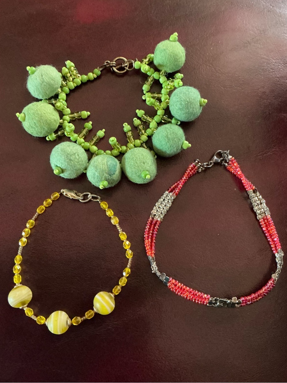Green Pom Pom Beaded Statement Bracelet, Yellow and orange beaded bracelets